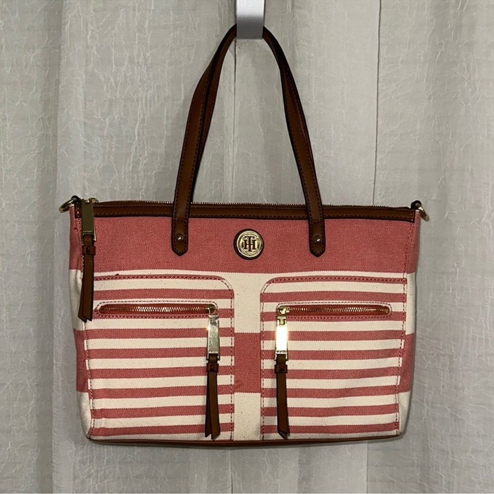TH Ivory Coral Pink Brown Canvas Stripe Faux Leather Trim Medium Tote Handbag